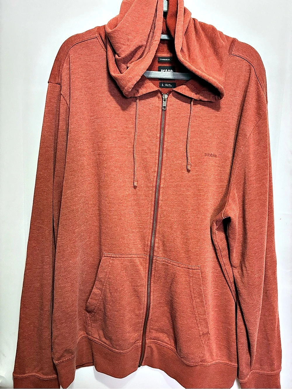 prAna Men’s Large Rust Orange Full Zip Hoodie Standard Fit Organic Cotton Blend